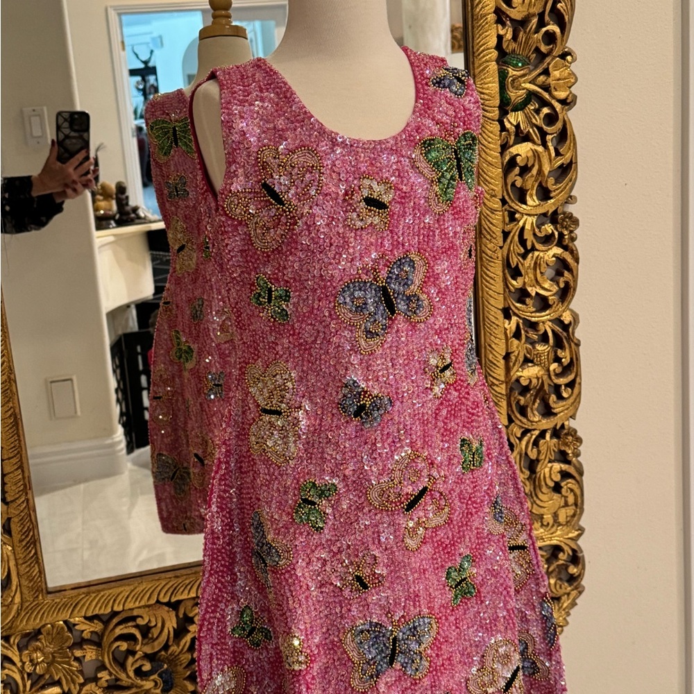 Little Attitudes by Debra Pink Sequin‎ hand beaded Dress Butterflies. NWT